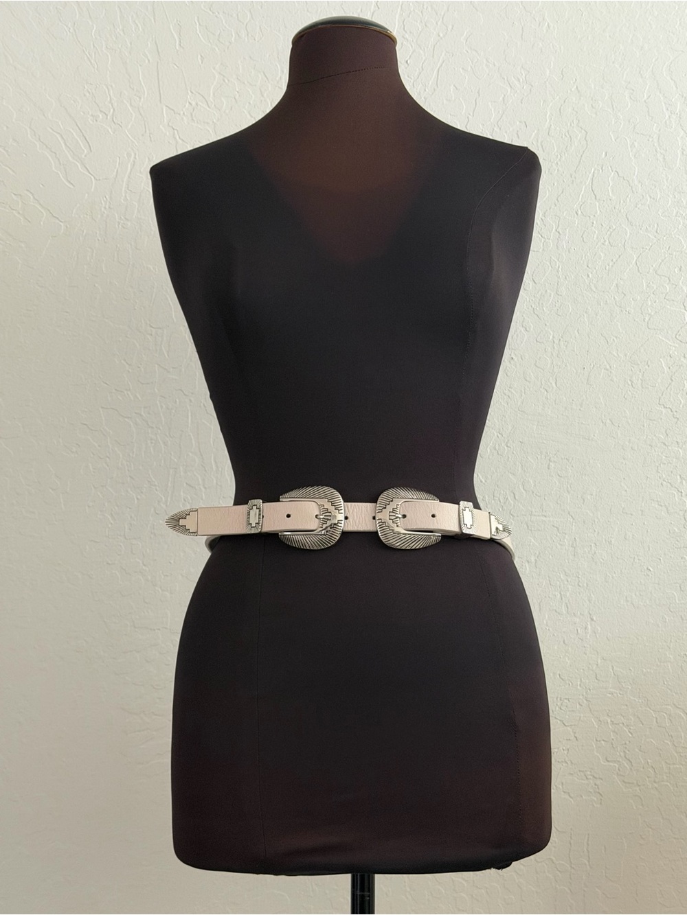 Lovestrength Western Leather Belt Silver Tone Double Buckle